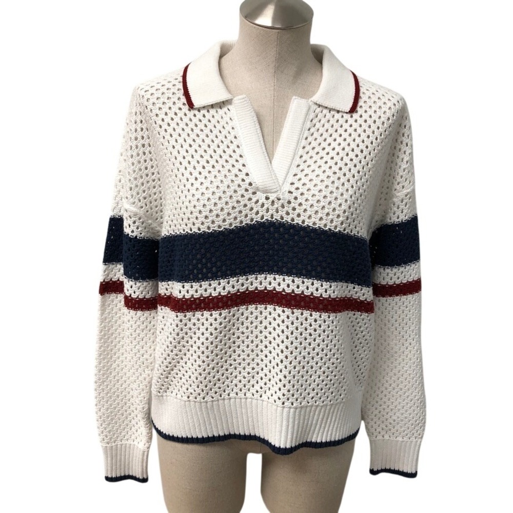 Tuckernuck Sport Sweater Womens Medium White Crochet Knit Striped Polo V-Neck